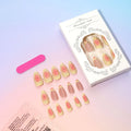 Set of pink plastic fake nails with raised 3D cartoon flower designs, jelly glue, and a nail file.