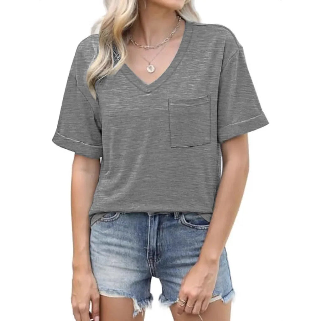 Grey loose-fit V-neck t-shirt with a chest pocket on a hanger.