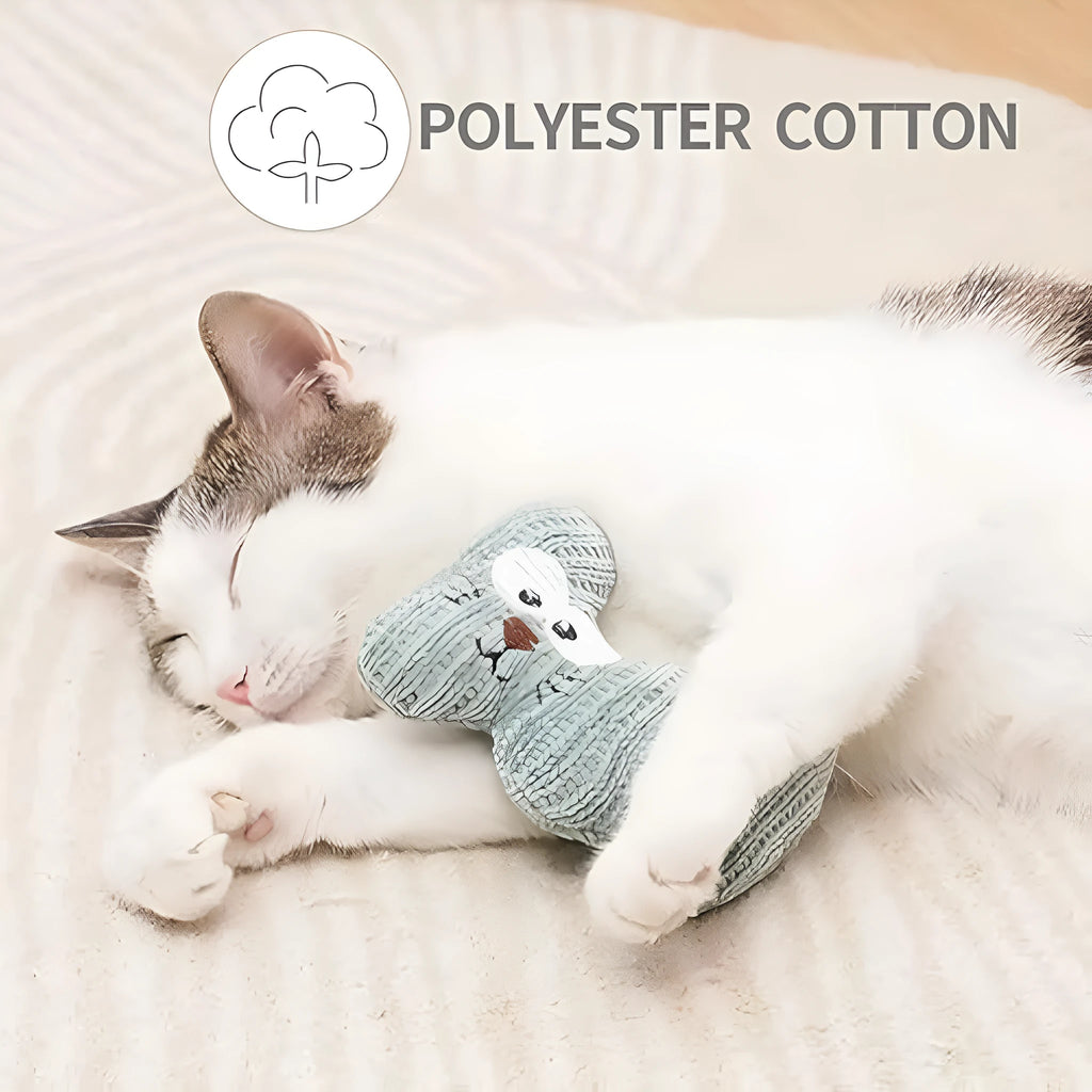 Cyan and light coffee coloured plush catnip chew toy with bell on a neutral background
