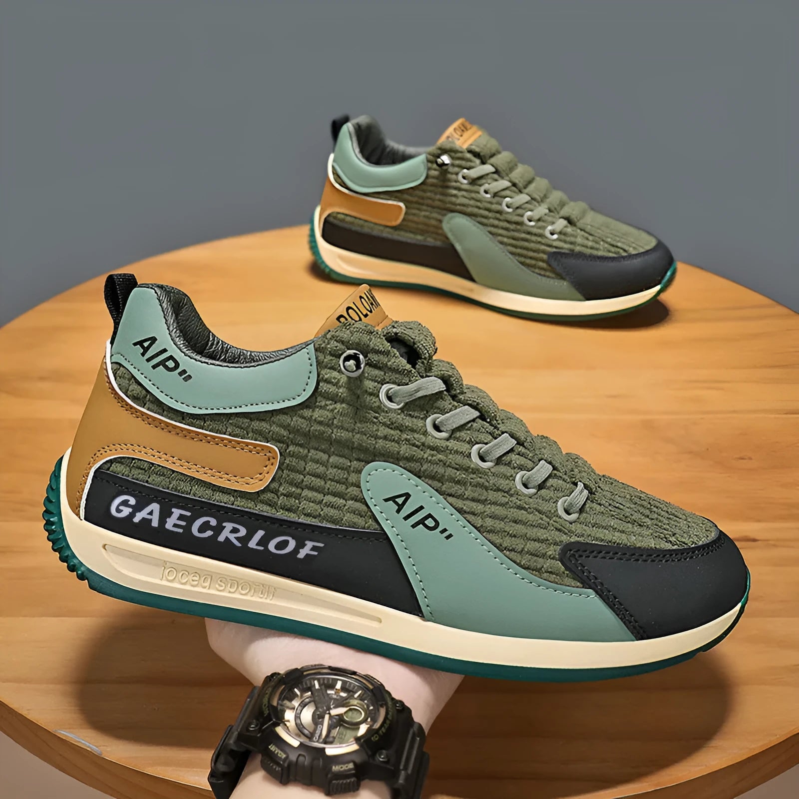 Men's grey and green mesh running shoes with lace-up front and low-top design