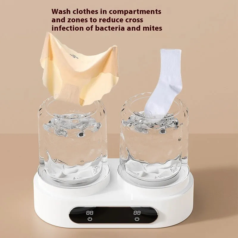 White USB double bucket portable mini washing machine for socks and underwear.