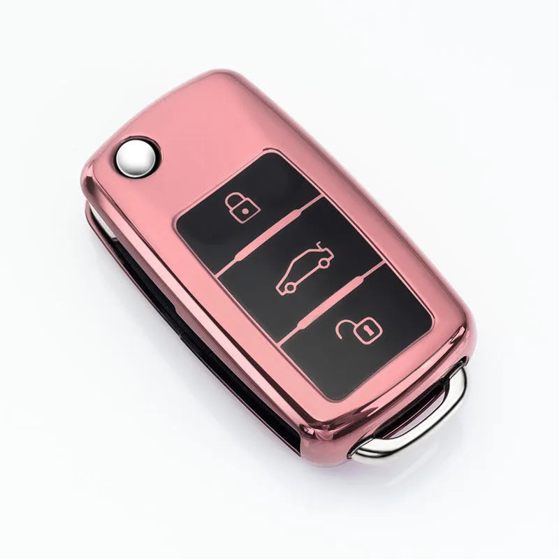 TPU protective car key case for Volkswagen Model A folding remote in blue, pink, red, and silver colour options