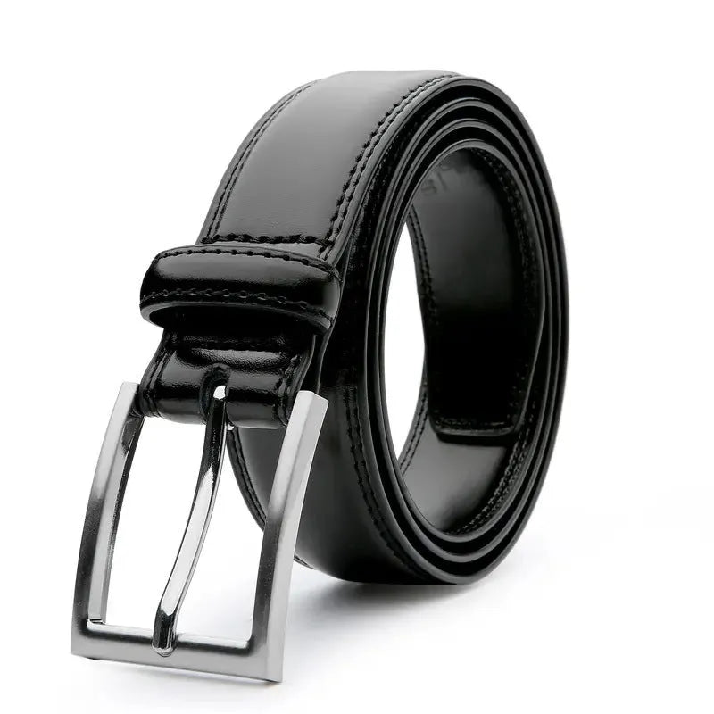 Men's brown genuine leather belt with 95 grain texture and metal alloy buckle laid flat.