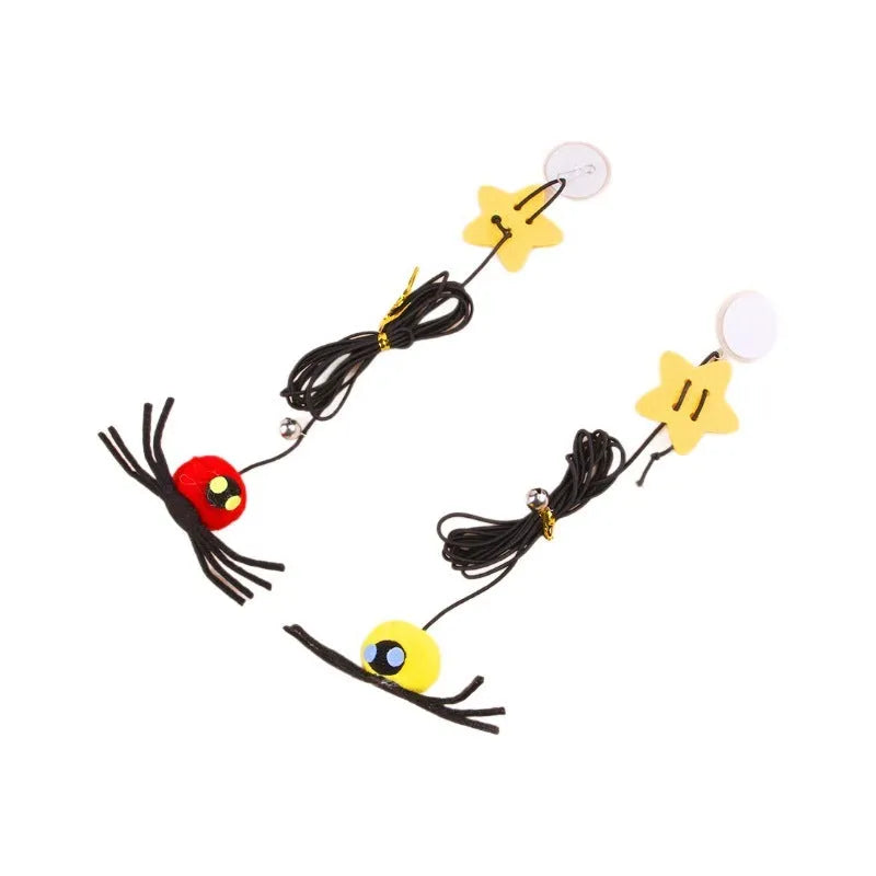 Hanging door cat toy with elastic rope, feather bell spider attachment in red colour