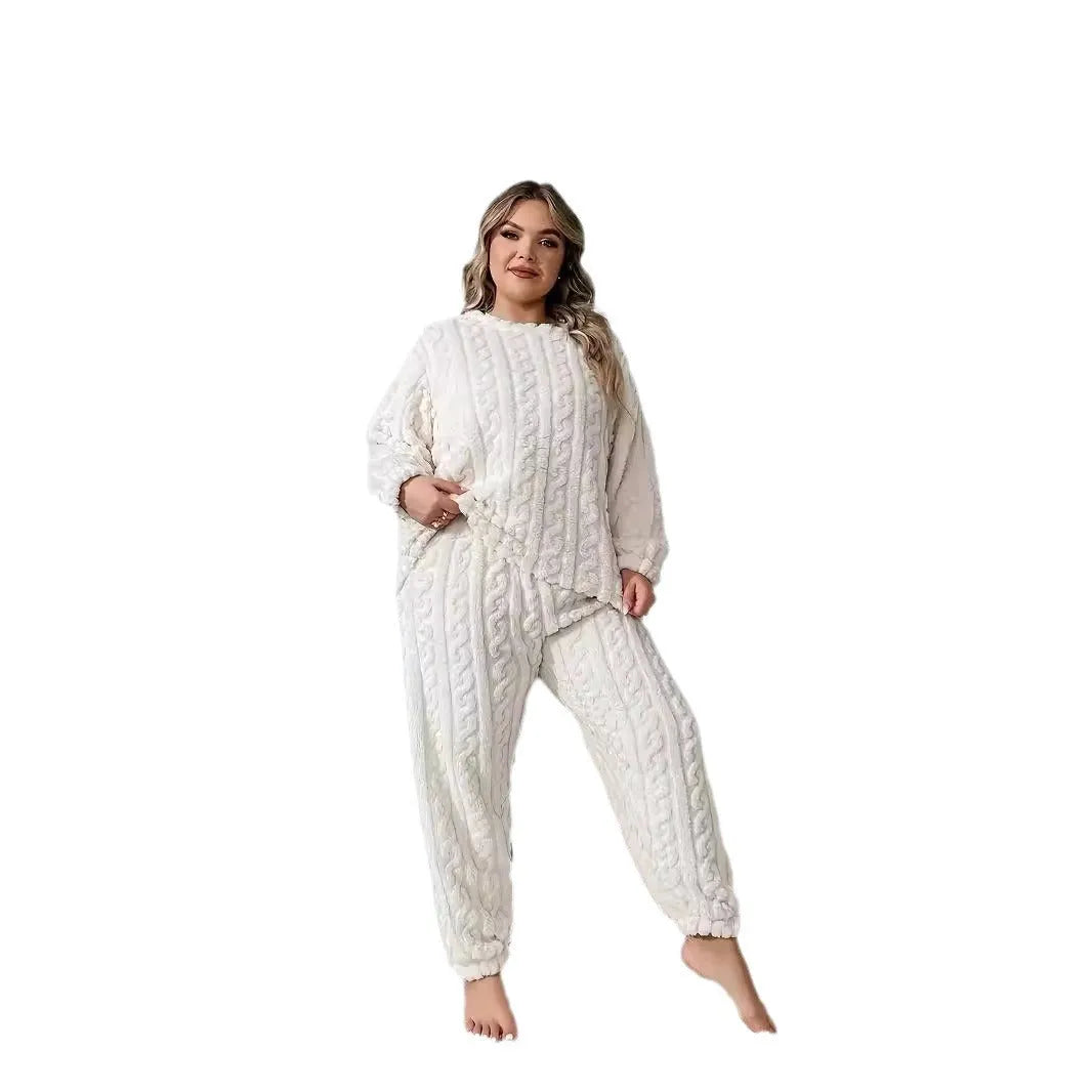Women's creamy white polyester pants suit with long sleeves and trousers in Japanese Korean casual style