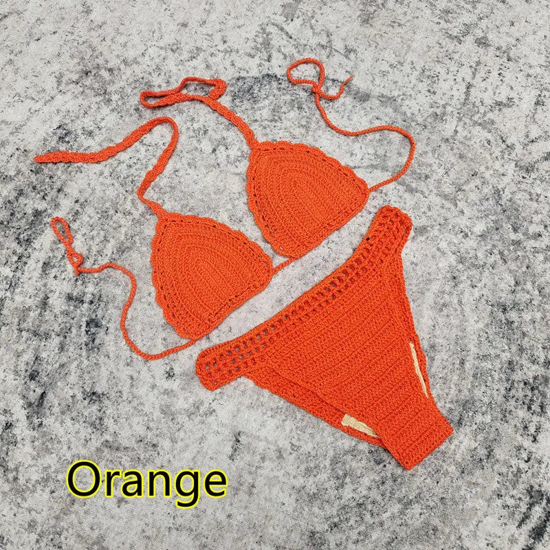 Women's handmade crochet bikini set with matching beach skirt in acrylic fabric