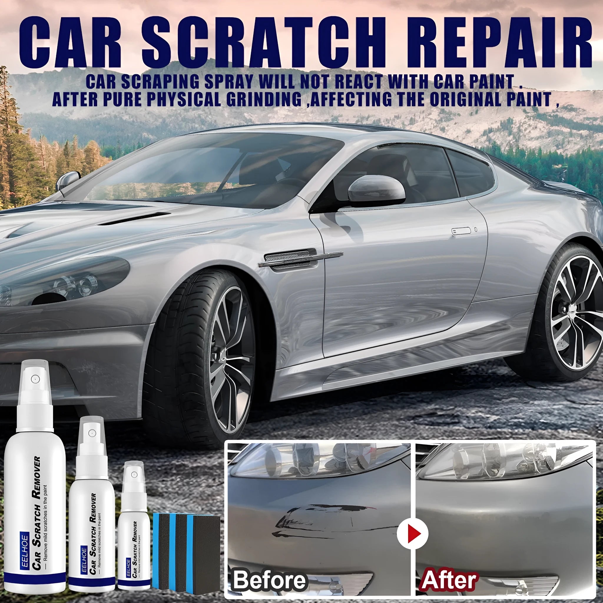 Car scratch repair spray can in 100ml, 50ml and 30ml sizes for paint surface renovation.