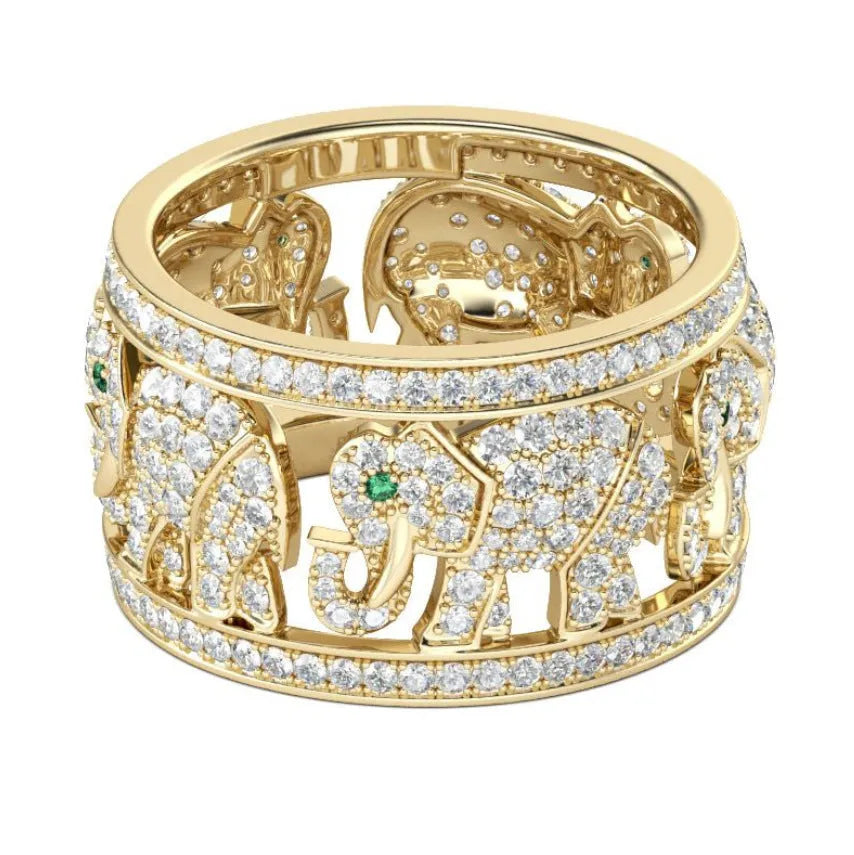 Alloy elephant charm ring with diamond details in electroplated finish showing size options