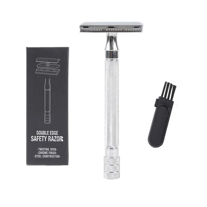 Manual shaving razor set with metal scraper and brush in black or silver finish for traditional wet shaving