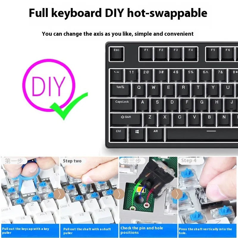 87-key wired mechanical gaming keyboard with multi-colour keycaps on a metal body.