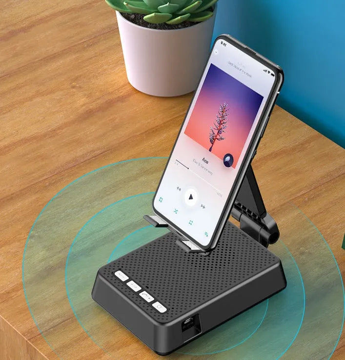 Black mobile phone broadcaster stand with Bluetooth speaker and HD microphone for live streaming desk use