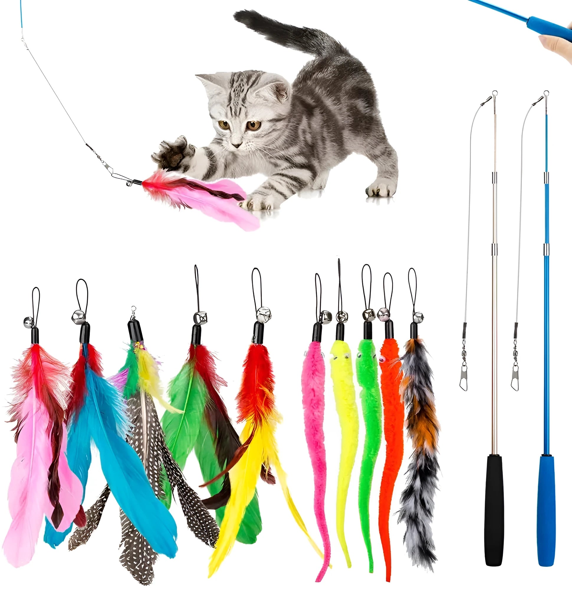 Cat teasing pole set with two fishing rod toys and ten feather replacement heads for interactive play