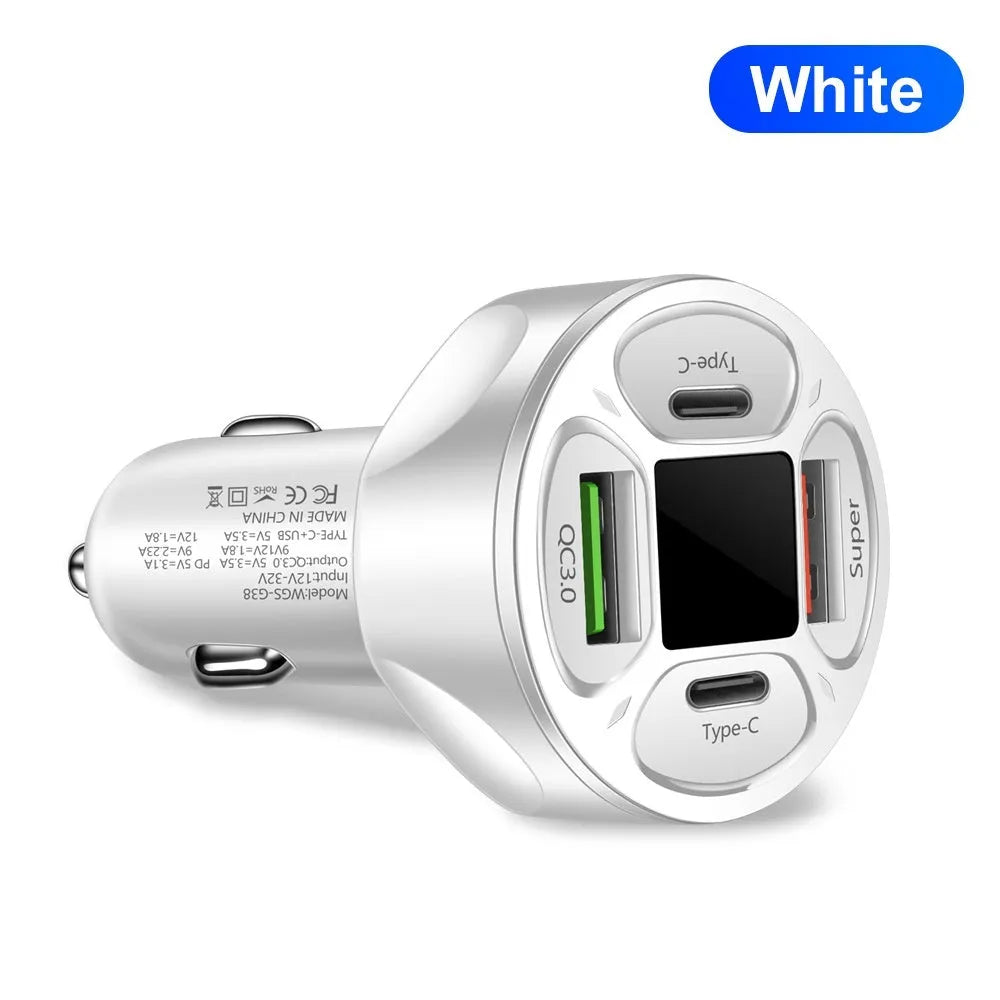 Black digital display car charger with two USB ports and two Type-C ports