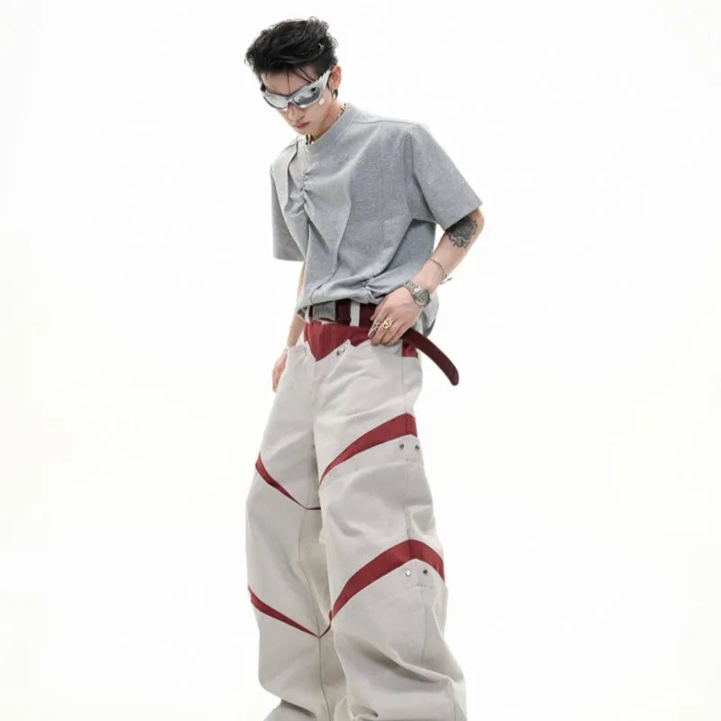 Men's loose-fit cotton T-shirt with three-dimensional pleats and asymmetric stitching in solid colour