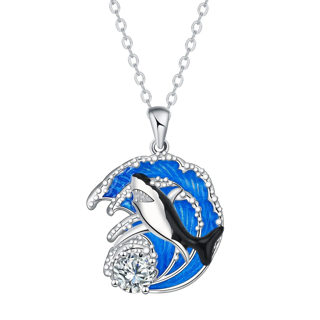 HAILANG women's silver-tone shark pendant necklace on a cross chain, adjustable length.