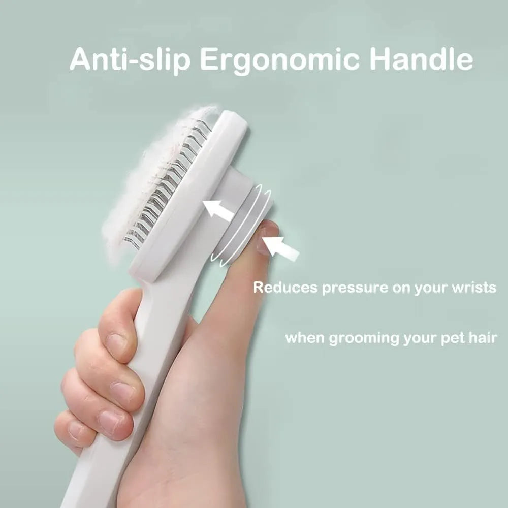 Blue self-cleaning cat grooming brush with rubber handle and round-tip needles.