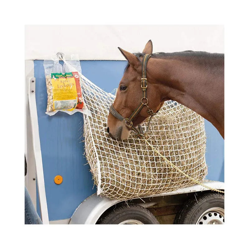 Woven grid horse feeding bag made from PE rope in black colour showing hanging design