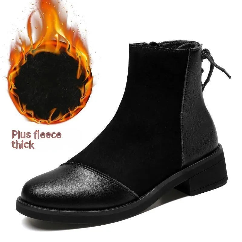Women's black soft leather Martin boots with side zip and round toe design