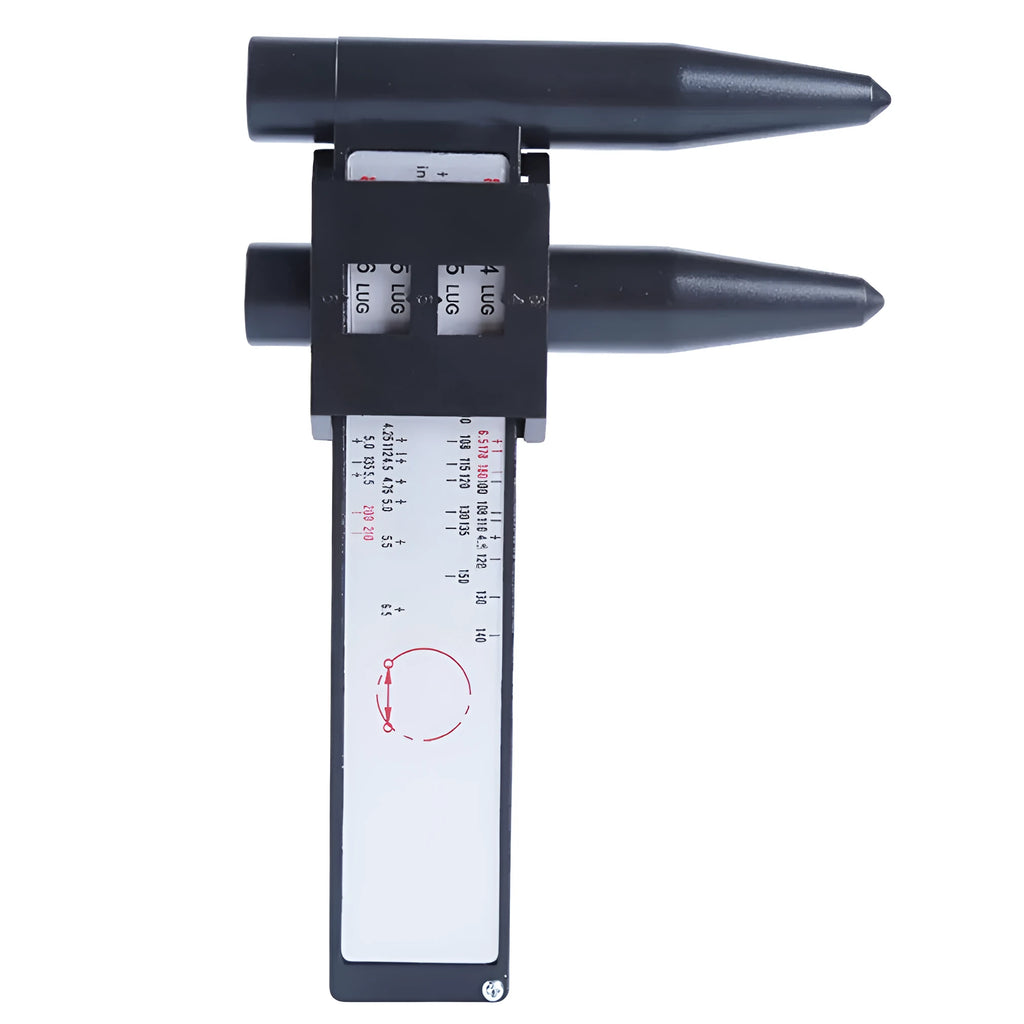 Digital electronic caliper hole distance ruler for measuring wheel hub modifications.