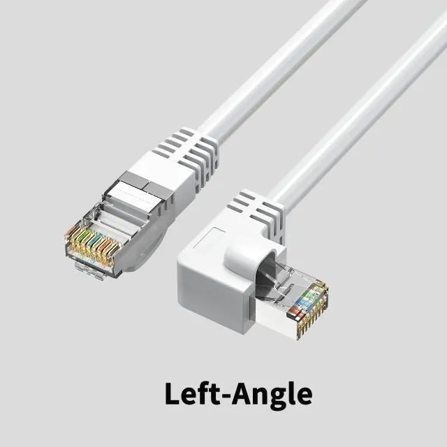 Cat6 Ethernet cable with right-angle metal RJ45 connector in black, shown alongside length and colour options.