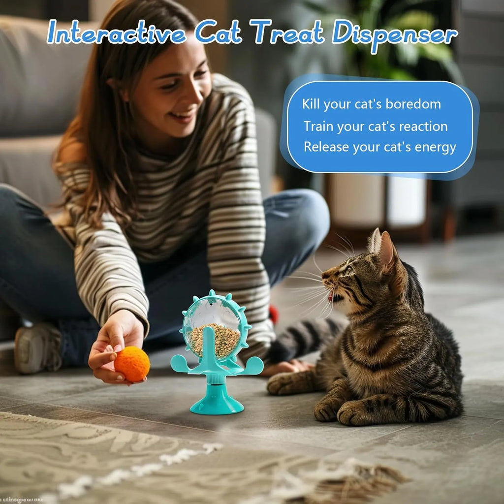 Interactive cat and dog puzzle feeder toy with rotating spinner and sucker base in assorted colours