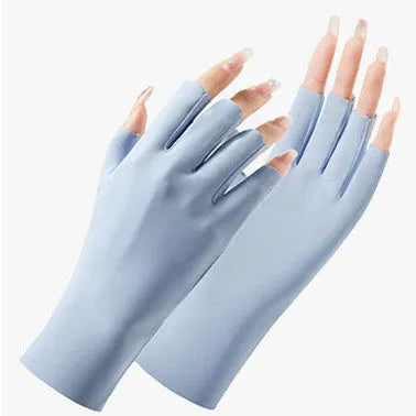 Thin beige women's ice silk sunscreen gloves with UPF50 protection on a hand.