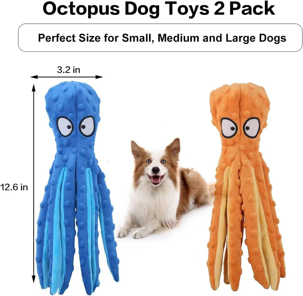 Blue octopus plush dog squeaky toy with no stuffing on a white background.