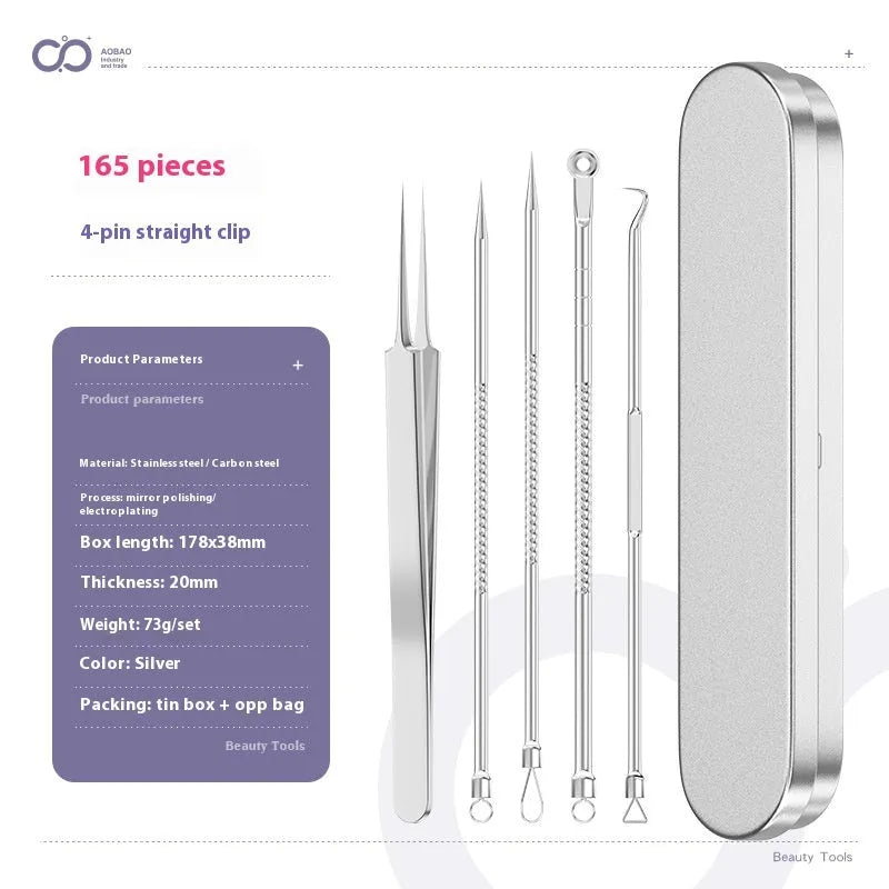 Four silver metal acne needles with ultra-fine pointed tips for skincare treatment.
