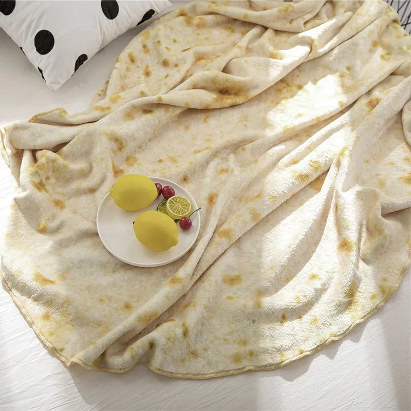Round shape flannel burrito blanket with food-themed printing showing coral fleece texture