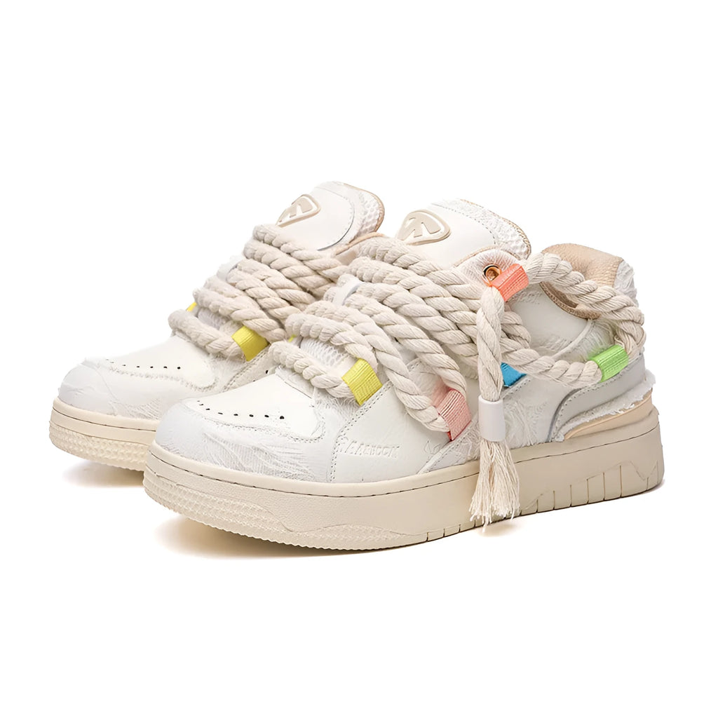 Creamy white retro skate shoes with old damage lace design and low-top construction
