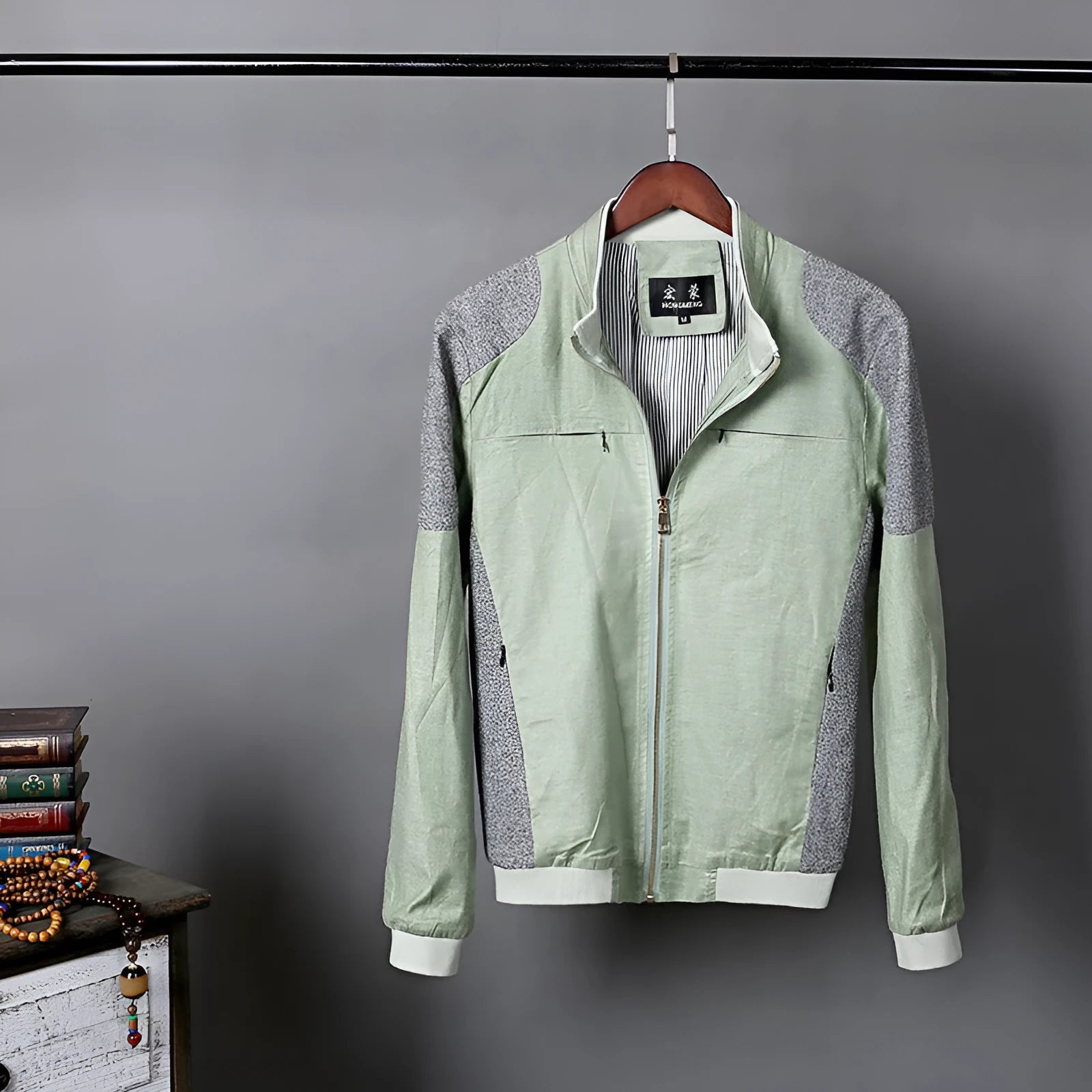 Men's regular fit cotton linen jacket in heather grey showing front design with colour-matched pattern