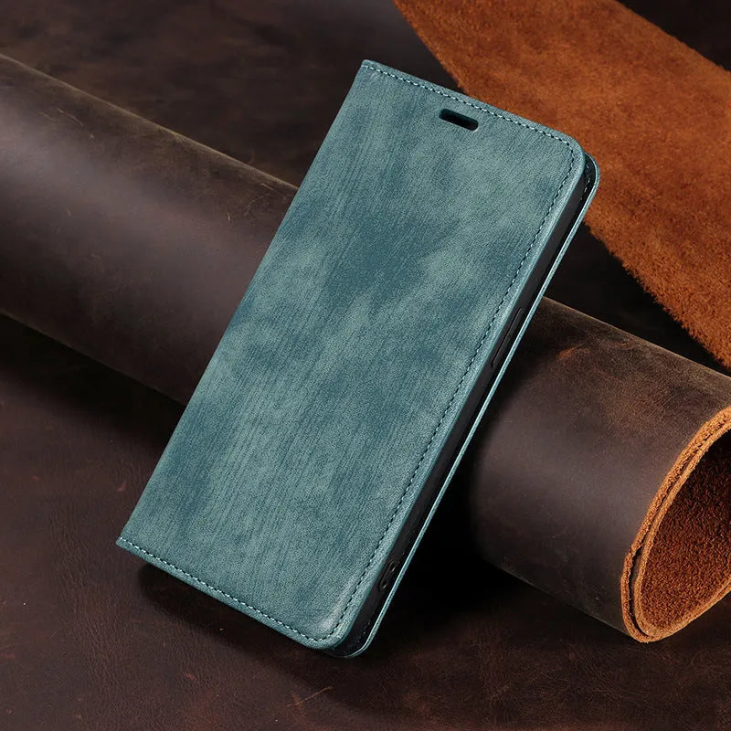 Magnetic flip leather phone case for iPhone in grey, lake green, and pink colours.