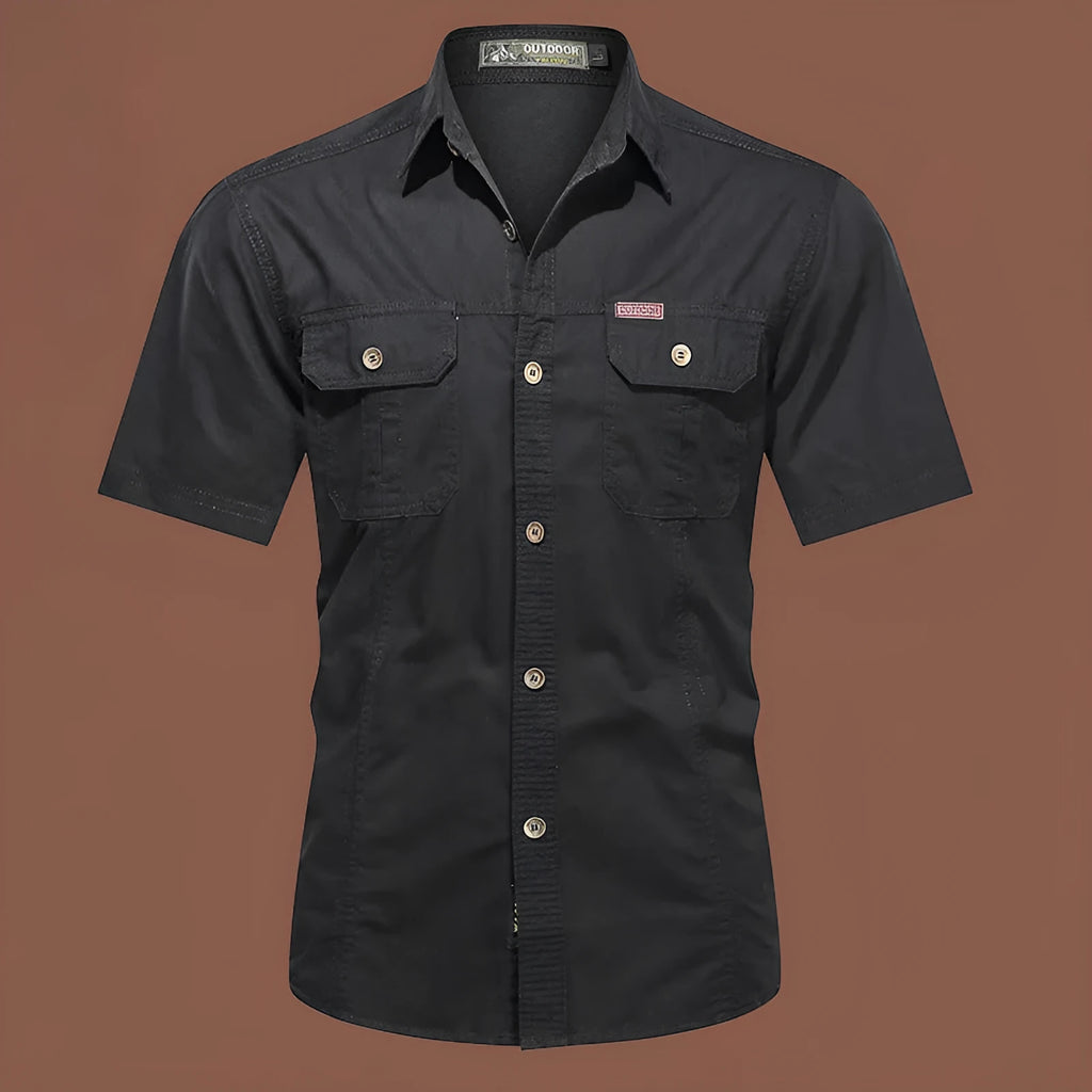Men's short sleeve cotton work shirt in loose fit cardigan style showing non-ironing construction