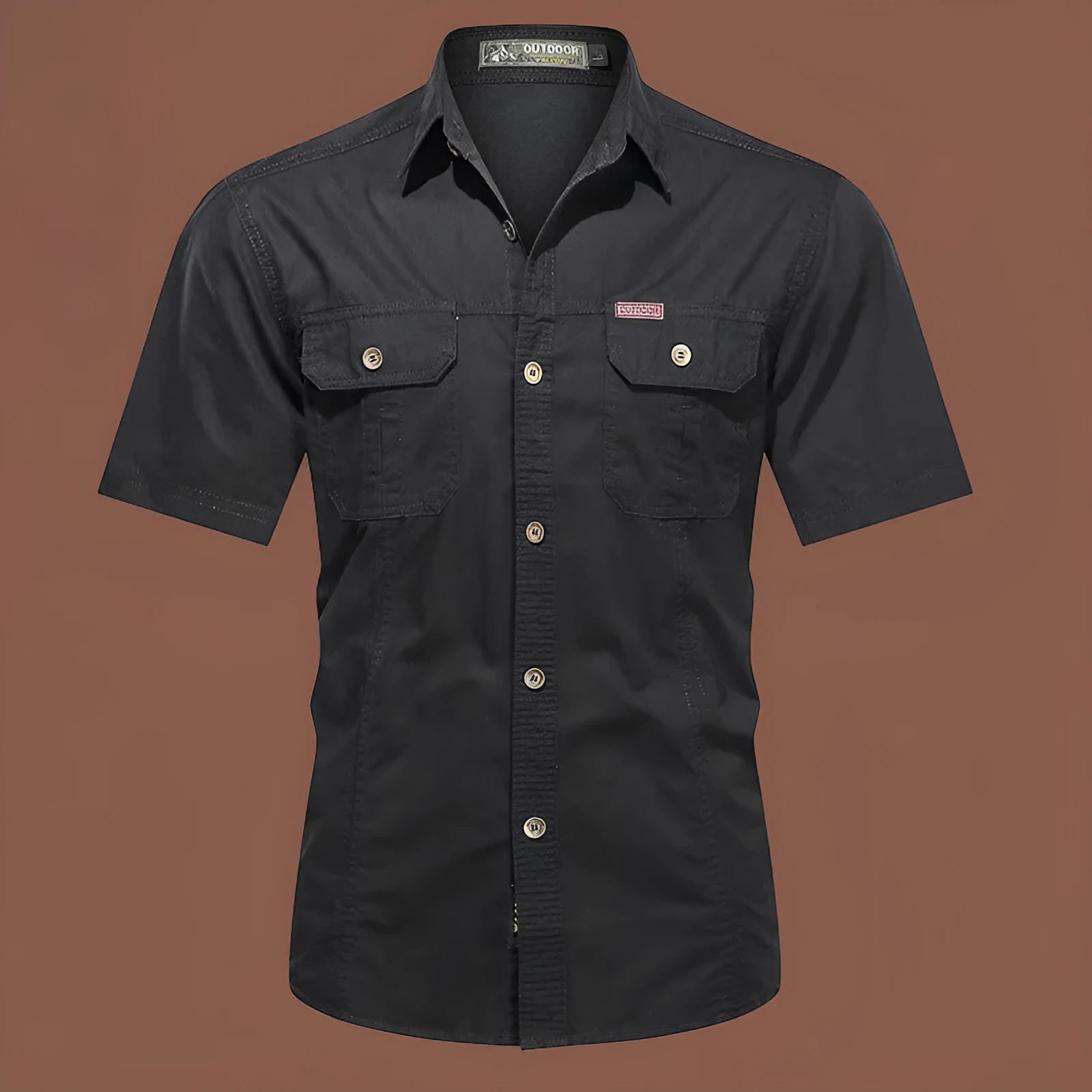 Men's short sleeve cotton work shirt in loose fit cardigan style showing non-ironing construction