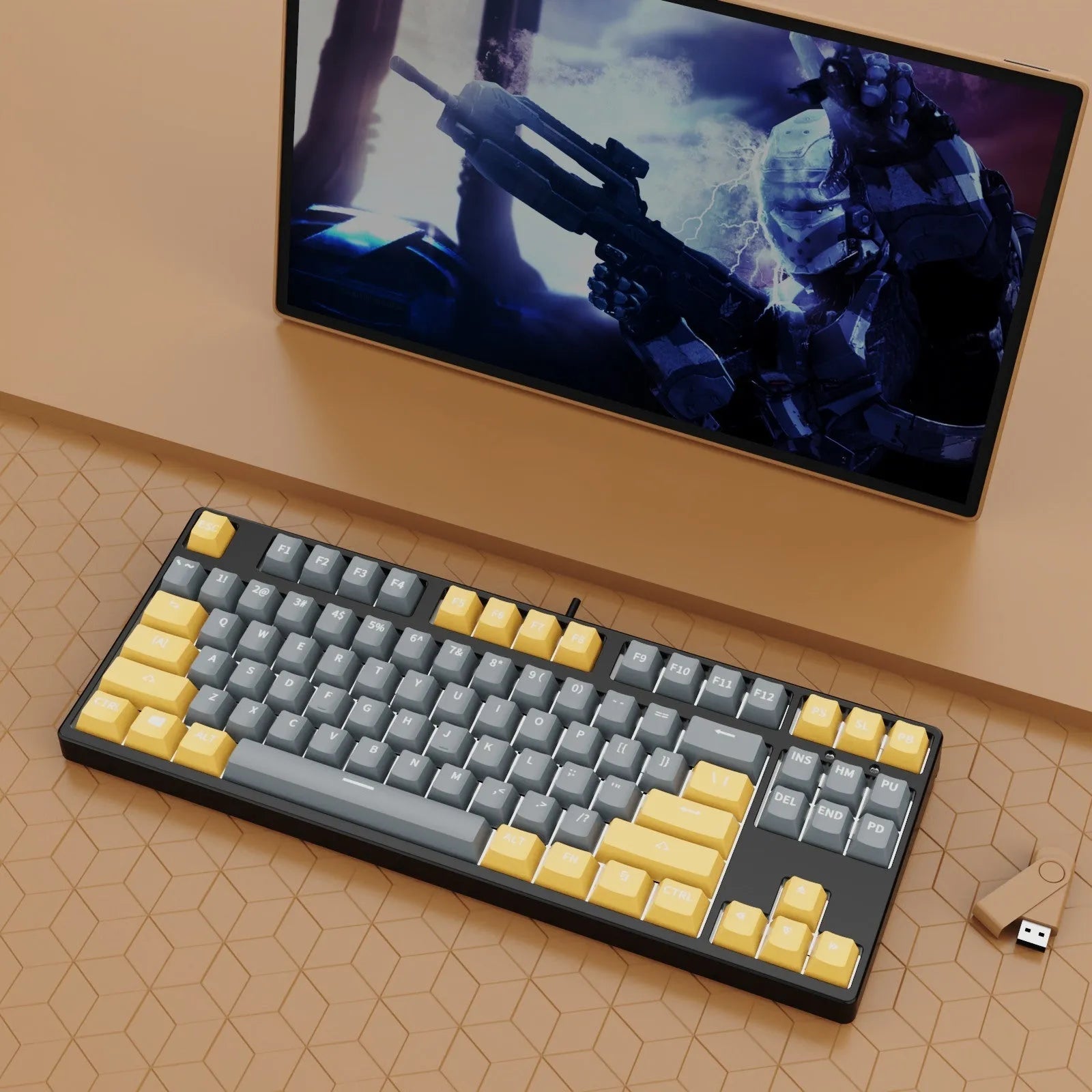 87-key wired mechanical gaming keyboard with multi-colour keycaps on a metal body.