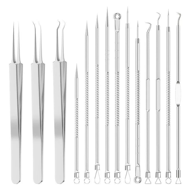 Four silver metal acne needles with ultra-fine pointed tips for skincare treatment.