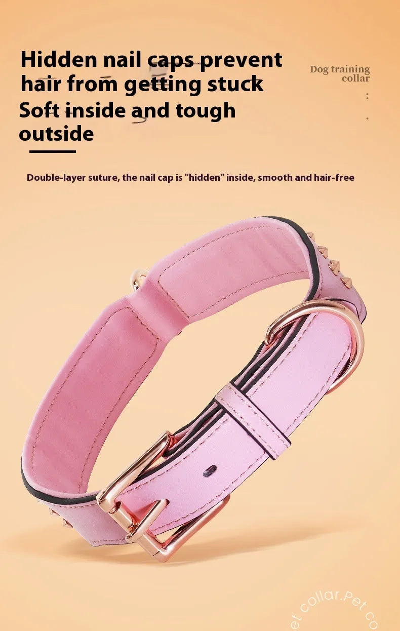 Black leather dog collar with metal anti-bite rivets shown on a size L tag.