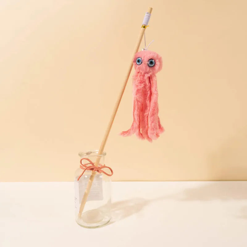 Octopus wand cat toy with moving eyes and flexible wand for indoor kitten play