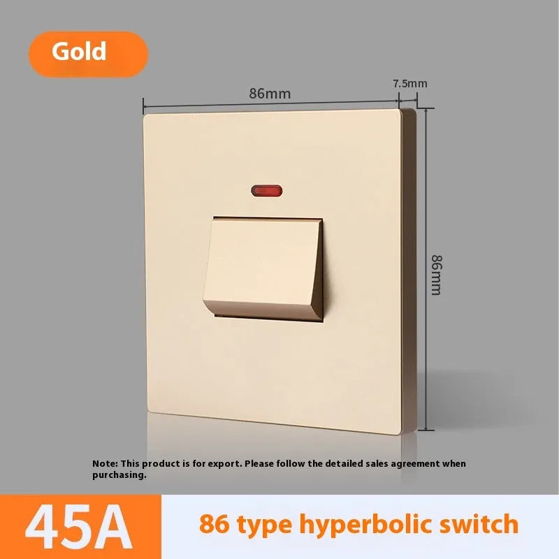 Gold, grey, and white illuminated high-current 3-pole electrical switch for appliances.