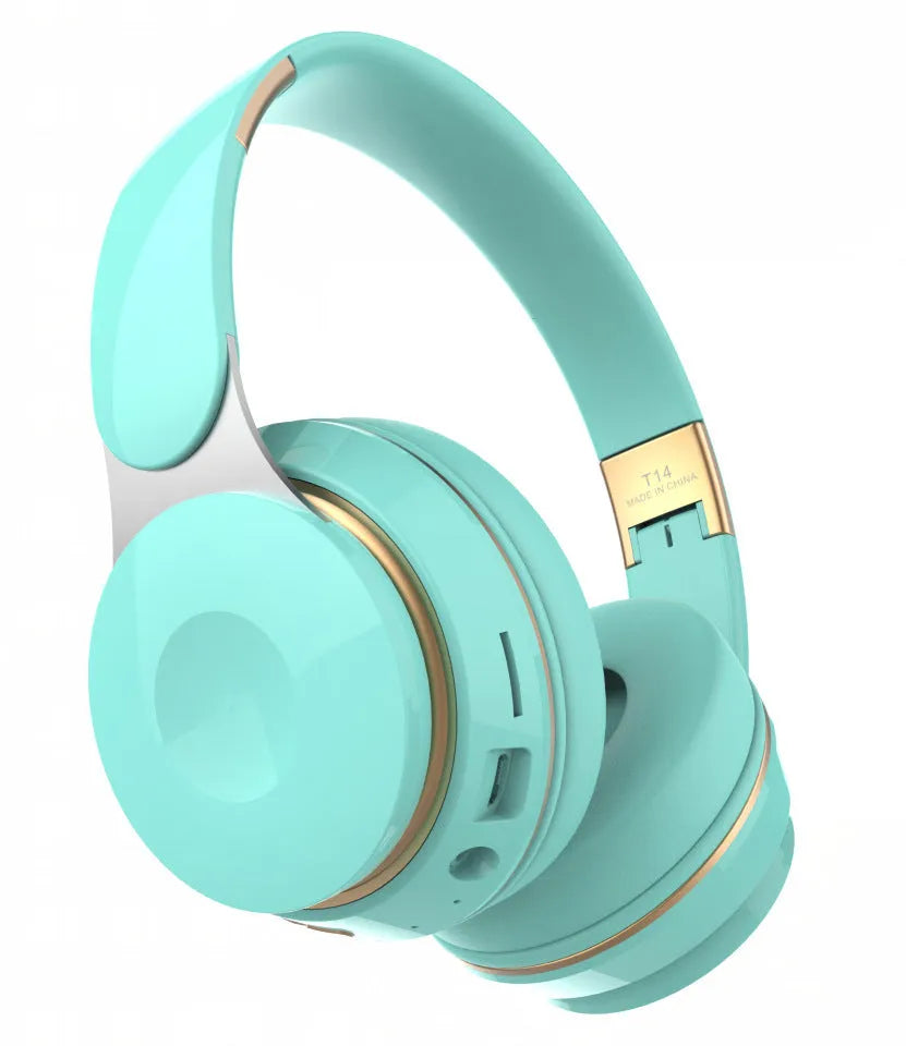 Foldable wireless Bluetooth headset shown in multiple colour options including black, white, green, blue, and pink