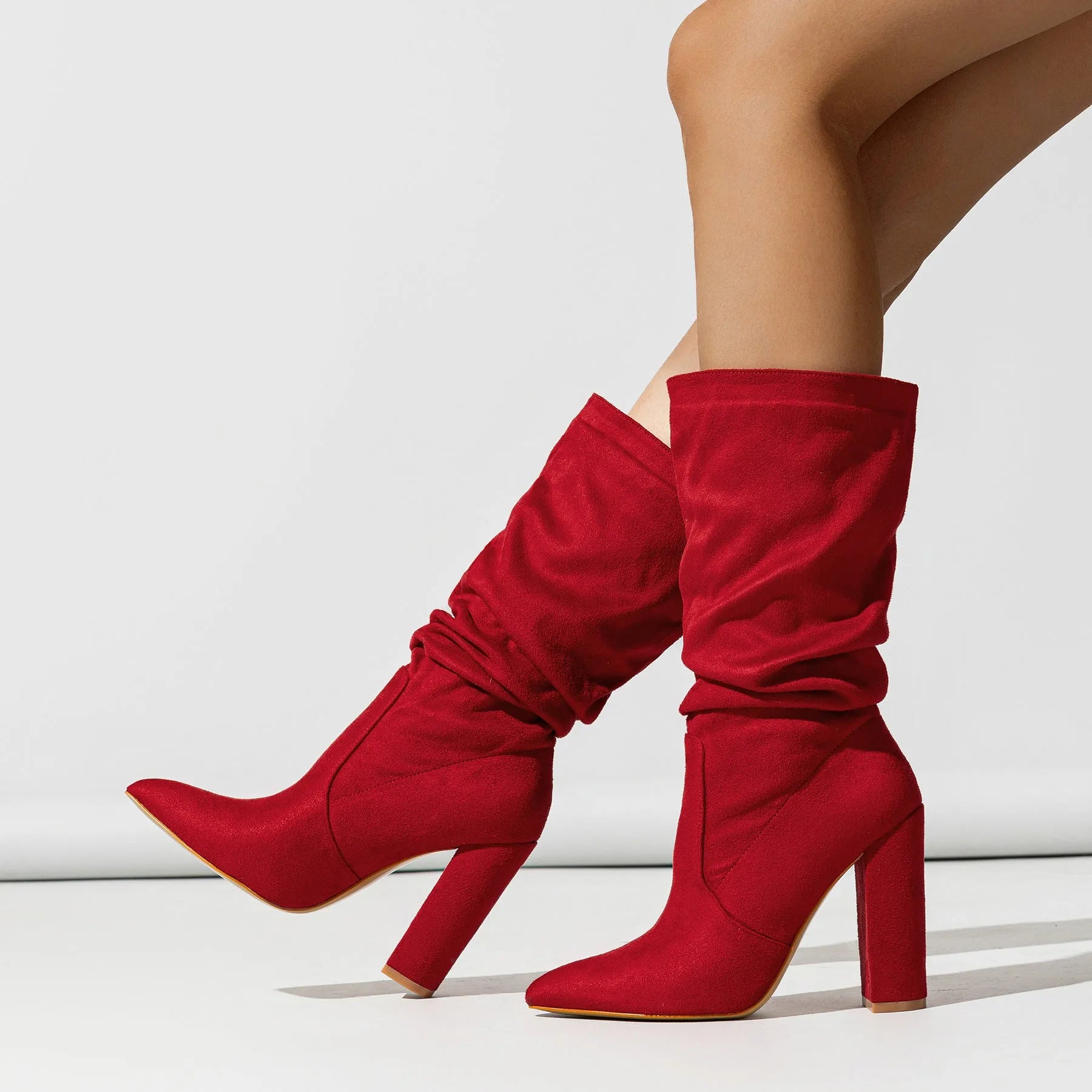 Women's black chunky heel pointed-toe suede boots with above 8cm height and middle calf length