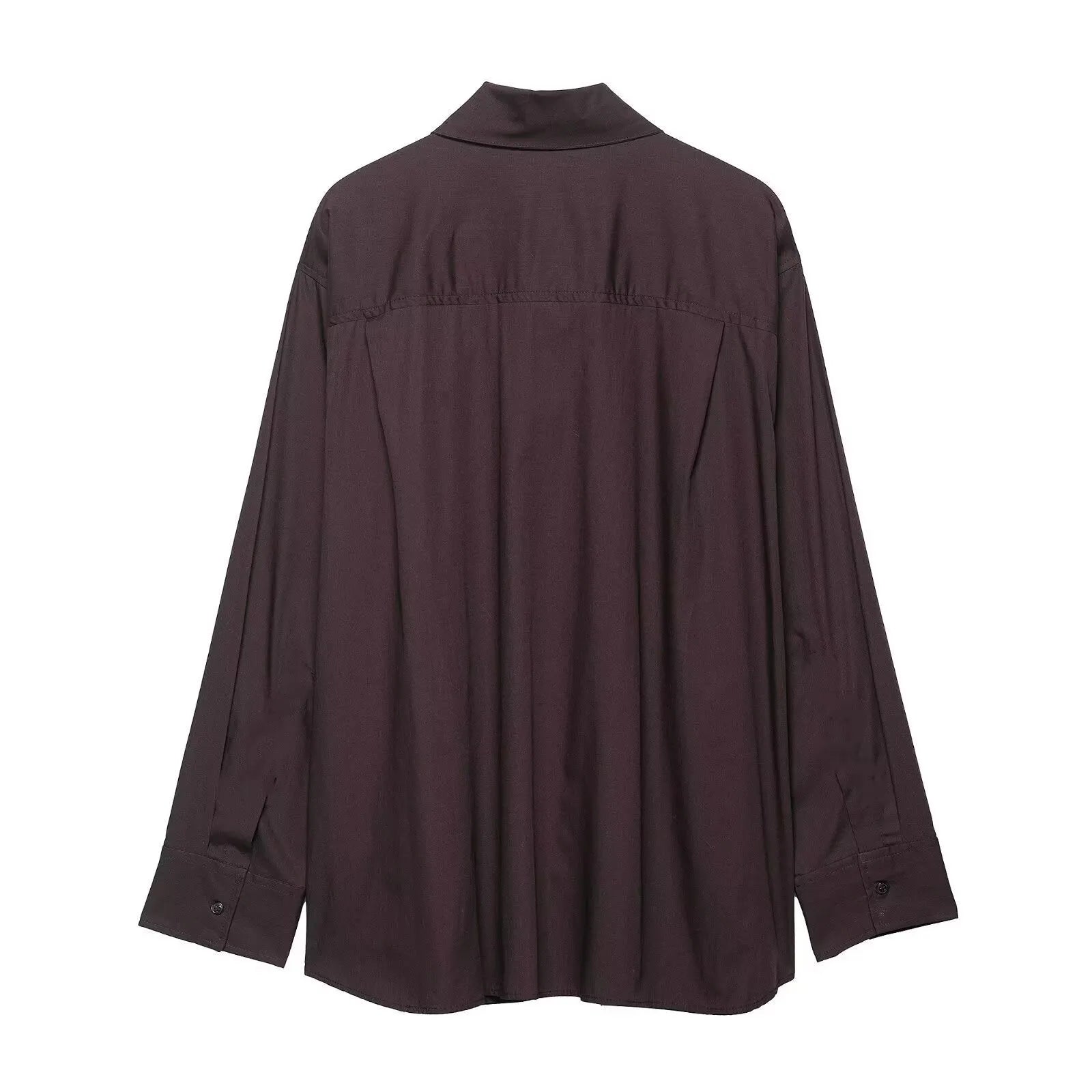 Brown women's polyester poplin shirt with long sleeves and scarf bow tie detail