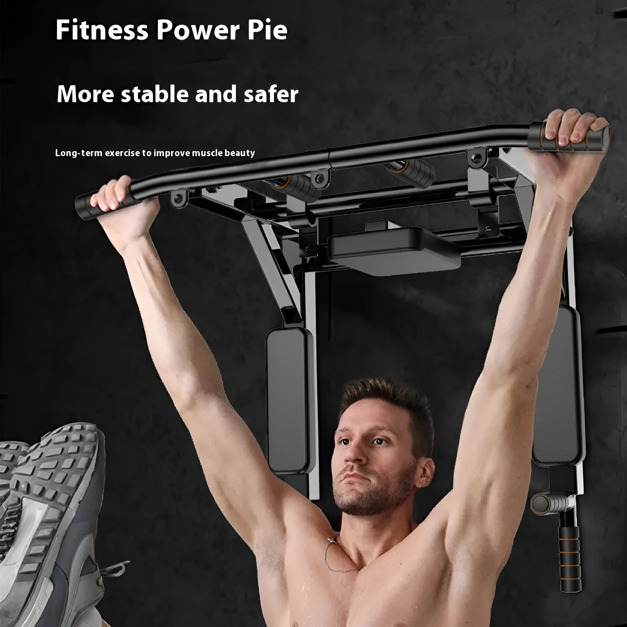 Black wall-mounted fitness equipment with sandbag rack and parallel bars for pull-up training