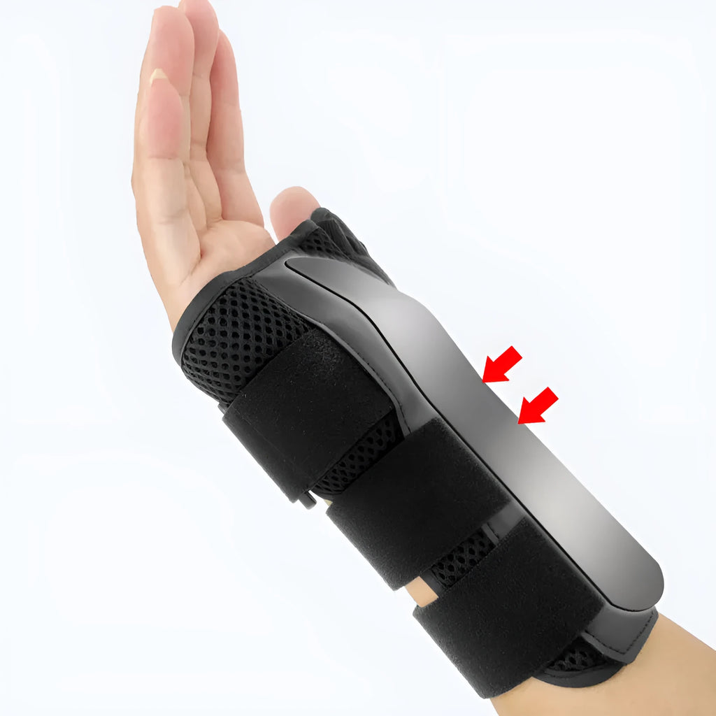 Black carbon fibre sports wrist guard with thumb strap and grey edging