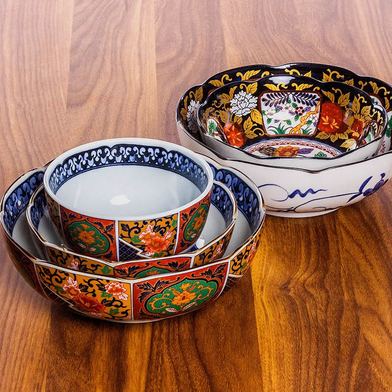 Golden retro style porcelain bowl with hand-painted peony pattern, 4 inches wide.