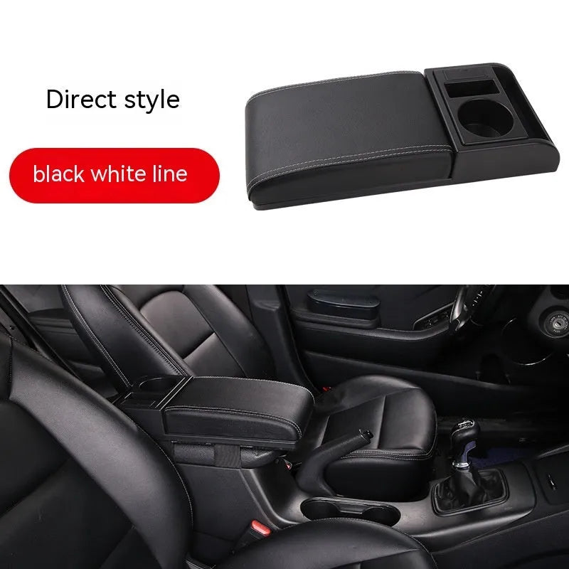 Universal plastic car armrest cover shown in black with red cord pattern on a car centre console.