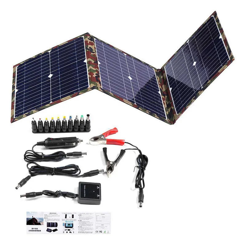 Black foldable 36W portable solar panel unfolded, showing three monocrystalline panels with included car charger and USB hub
