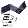 Black foldable 36W portable solar panel unfolded, showing three monocrystalline panels with included car charger and USB hub