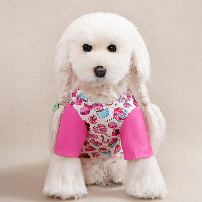 Full printed polyester t-shirt for small dogs in various colours, showing size chart for S, M, L, XL, XXL.