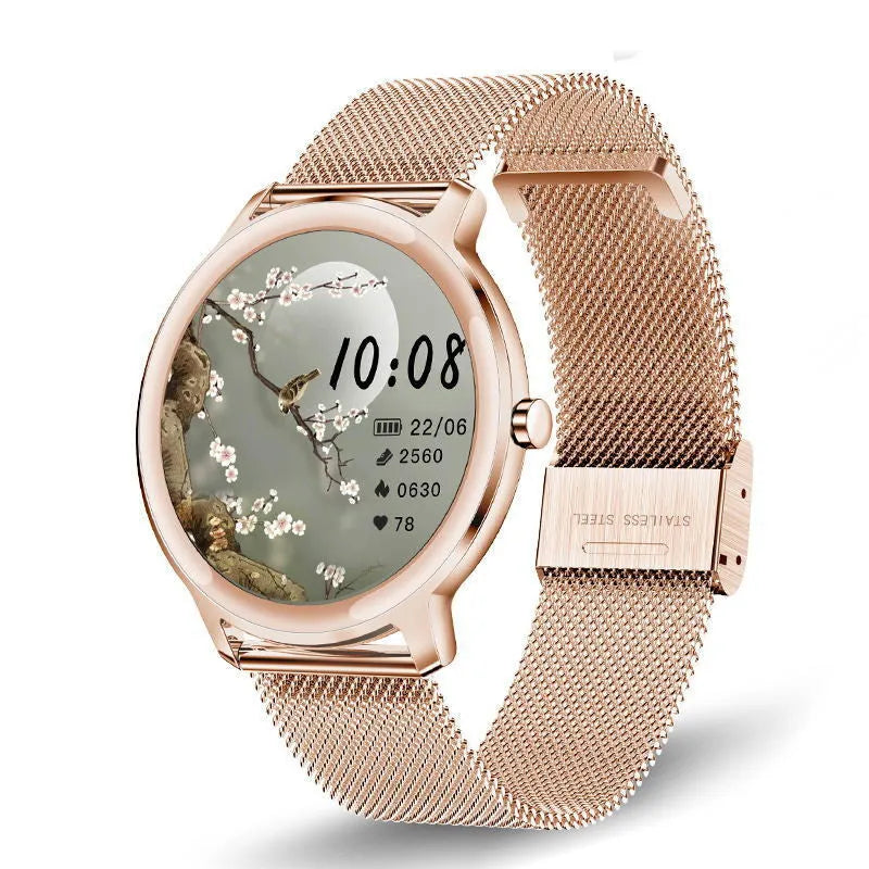 Women's waterproof smart watch with stainless steel band and 1.3 inch touch screen display